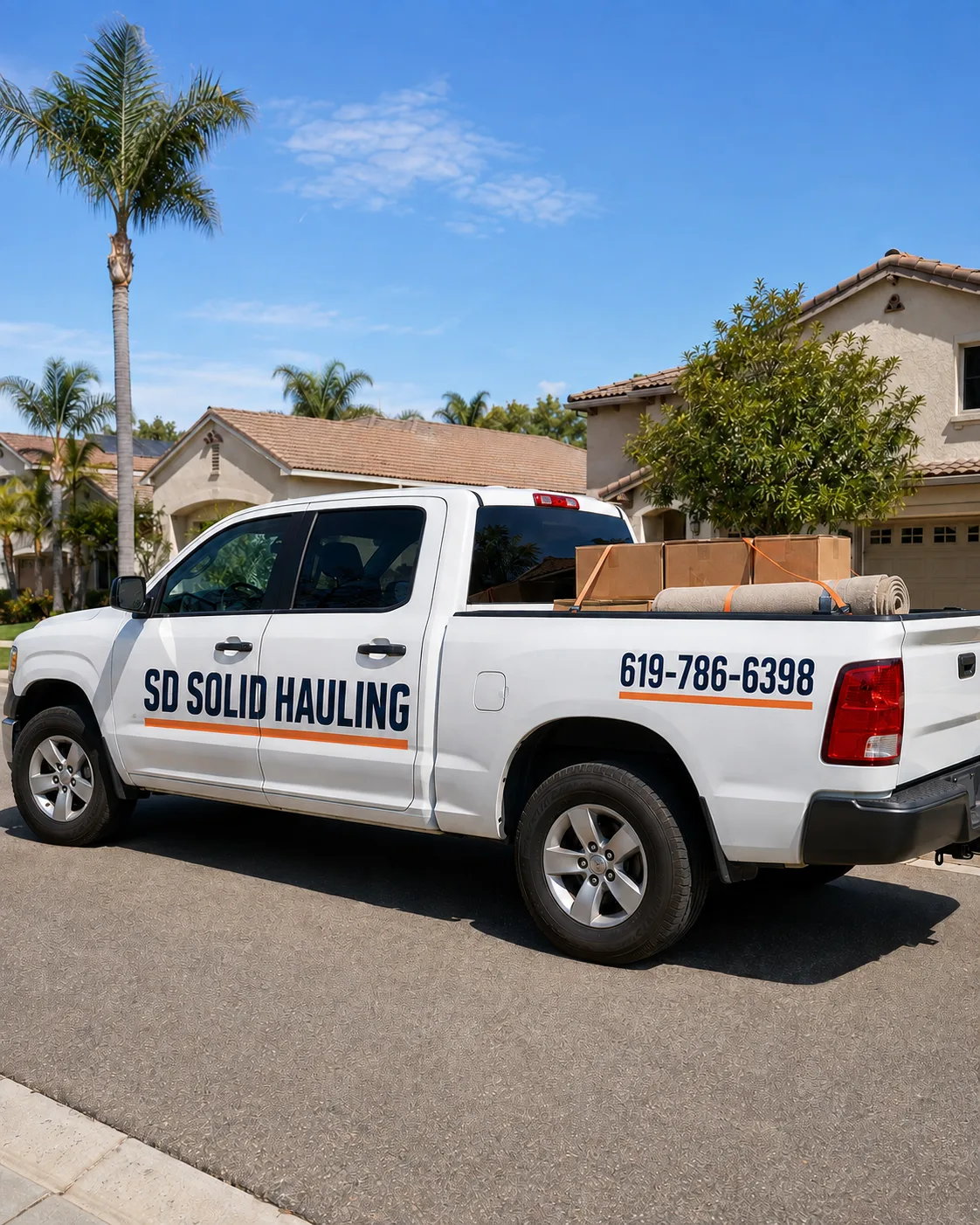 San Diego Solid Hauling pickup truck in a South San Diego neighborhood